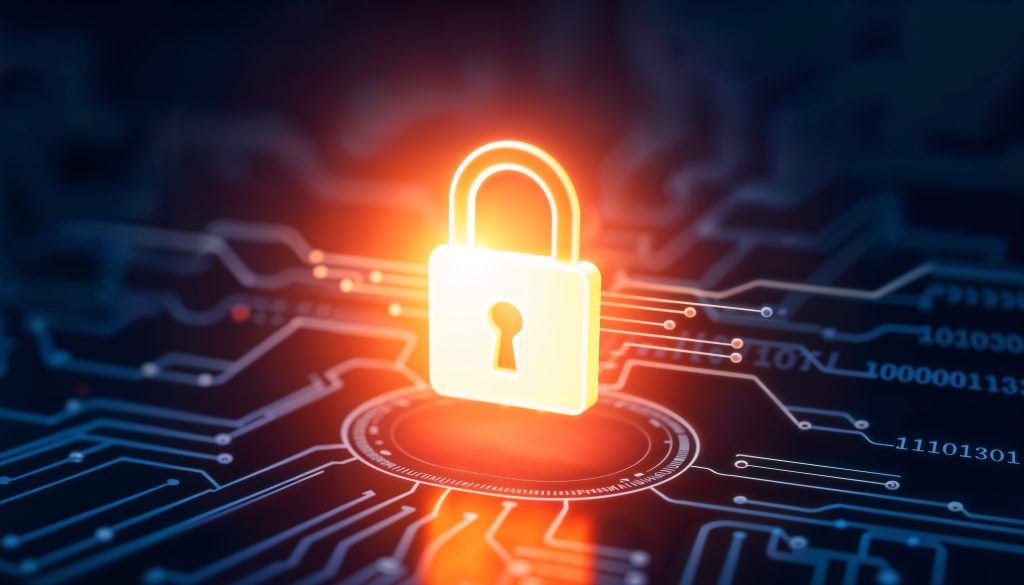 Ilustración de un candado sobre circuitos electrónicos simbolizando la ciberseguridad.