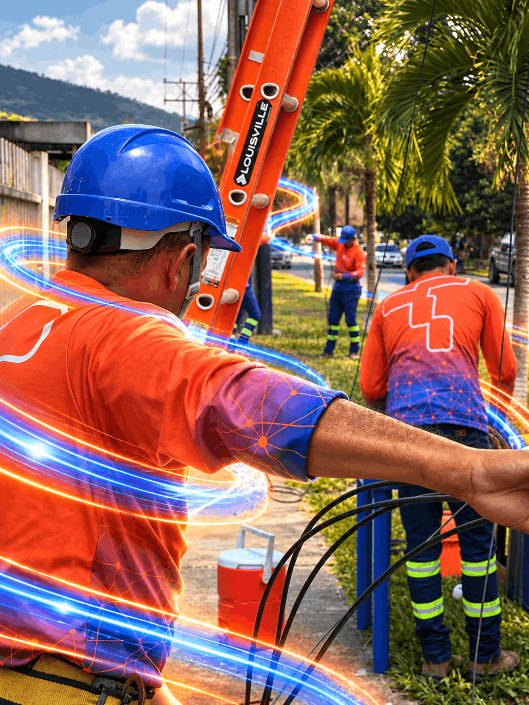 Trabajadores y neón junto a la escalera de Teranet Internet